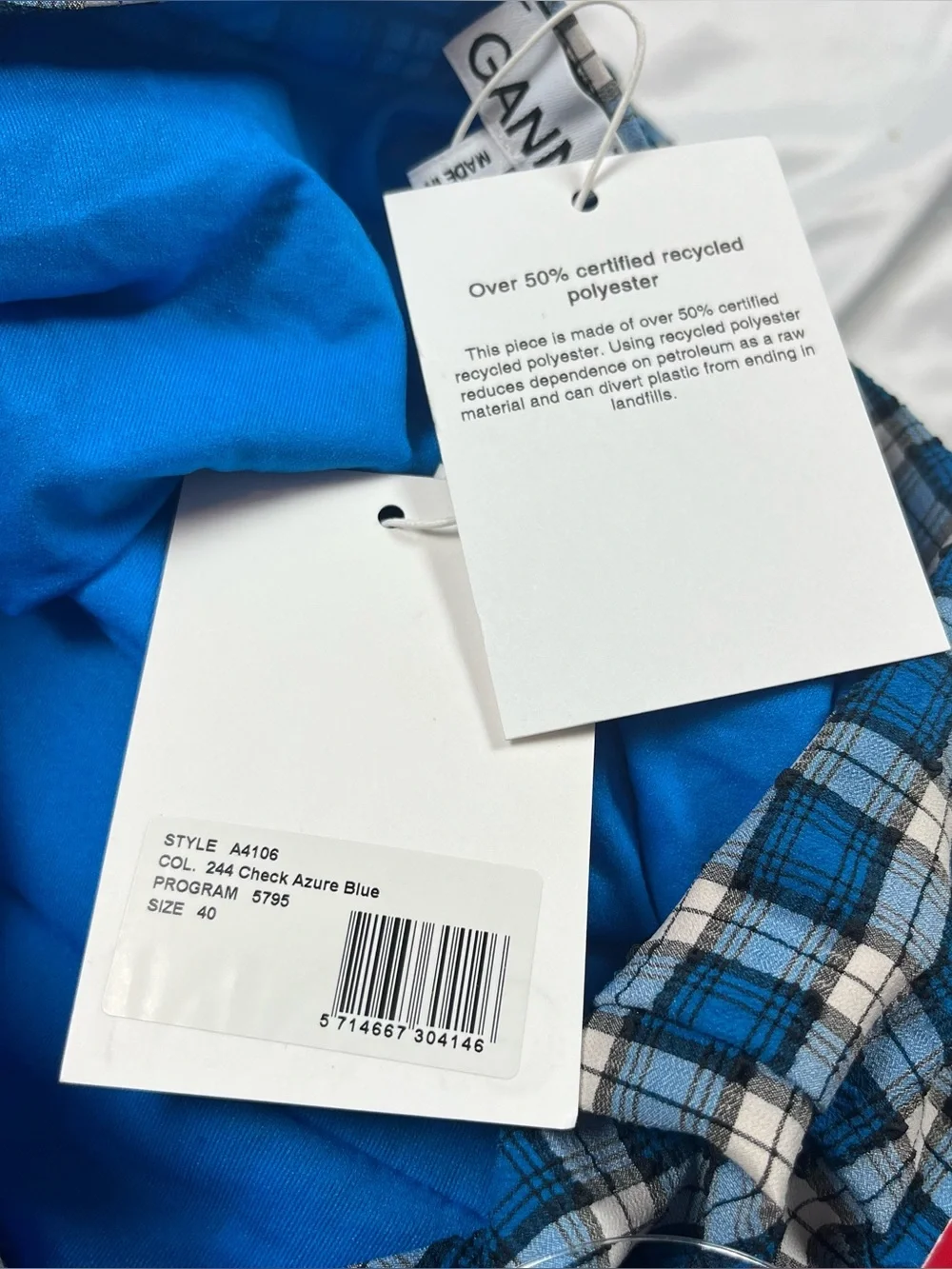 GANNI Recycled Seersucker Frill Halterneck Swimsuit Plaid Azure Blue Sz 40 New